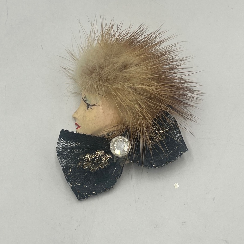 Vintage Handmade Lady Real‎ Fur Hat Black Lace Gold Bow Rhinestone 
Face Brooch